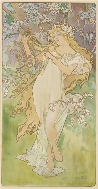 ALPHONSE MUCHA (1860-1939). [THE SEASONS]. Group of 4 decorative panels. 1896. Each approximately 41½x22 inches, 105½x56 cm. [F. Champe